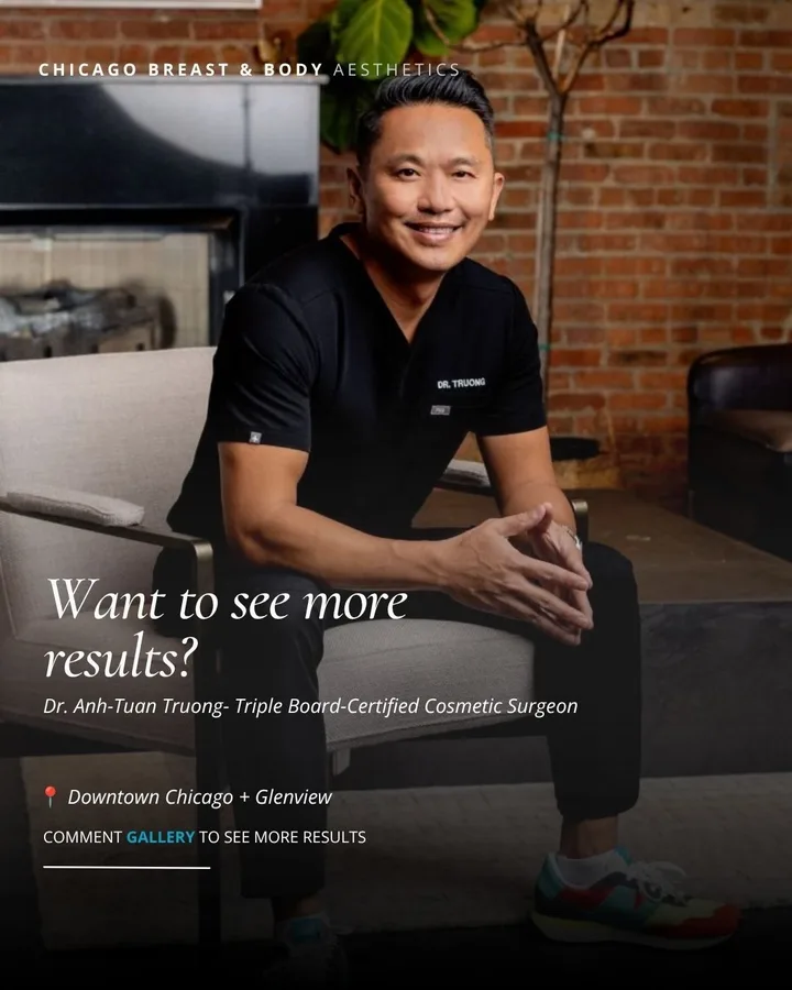 Carousel end card: the surgeon's portrait with the practice name, 'Want to see more results?', the office locations and a comment prompt