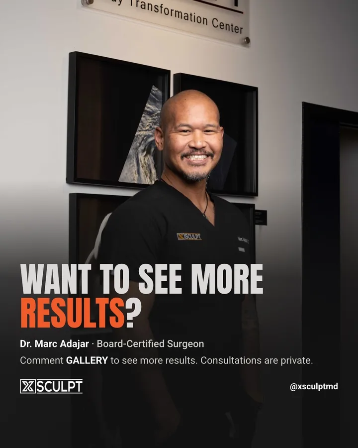 XSculpt end card: the surgeon's portrait with 'Want to see more results?' and a comment prompt